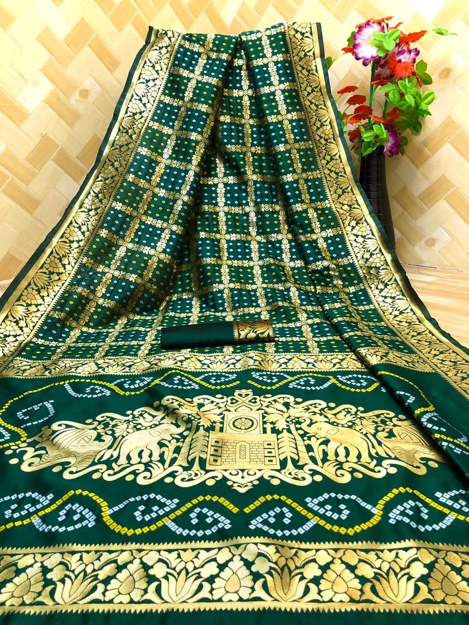 Pure Soft Litchi Banarasi Silk Bandhani Saree - 5.5 Meter With Antique Gold Zari & Rich Pallu | Breathable, Washable, Unstitched Blouse With Beautiful Weaving Work