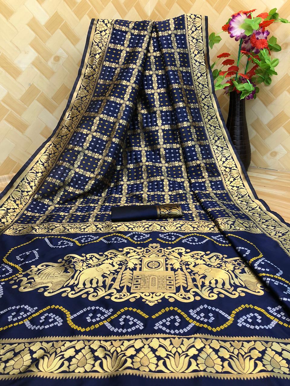 Pure Soft Litchi Banarasi Silk Bandhani Saree - 5.5 Meter With Antique Gold Zari & Rich Pallu | Breathable, Washable, Unstitched Blouse With Beautiful Weaving Work