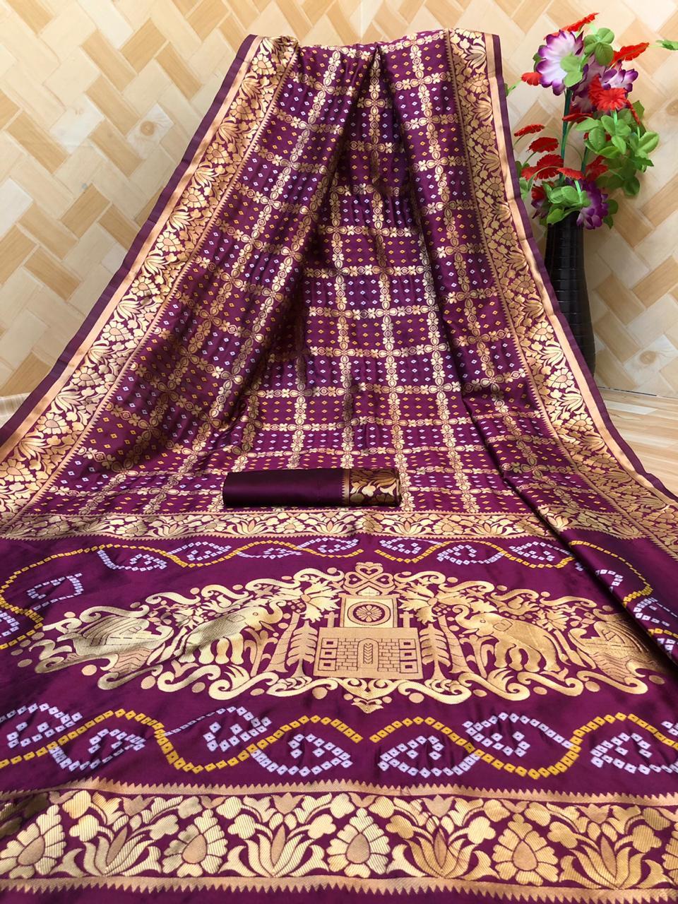 Pure Soft Litchi Banarasi Silk Bandhani Saree - 5.5 Meter With Antique Gold Zari & Rich Pallu | Breathable, Washable, Unstitched Blouse With Beautiful Weaving Work