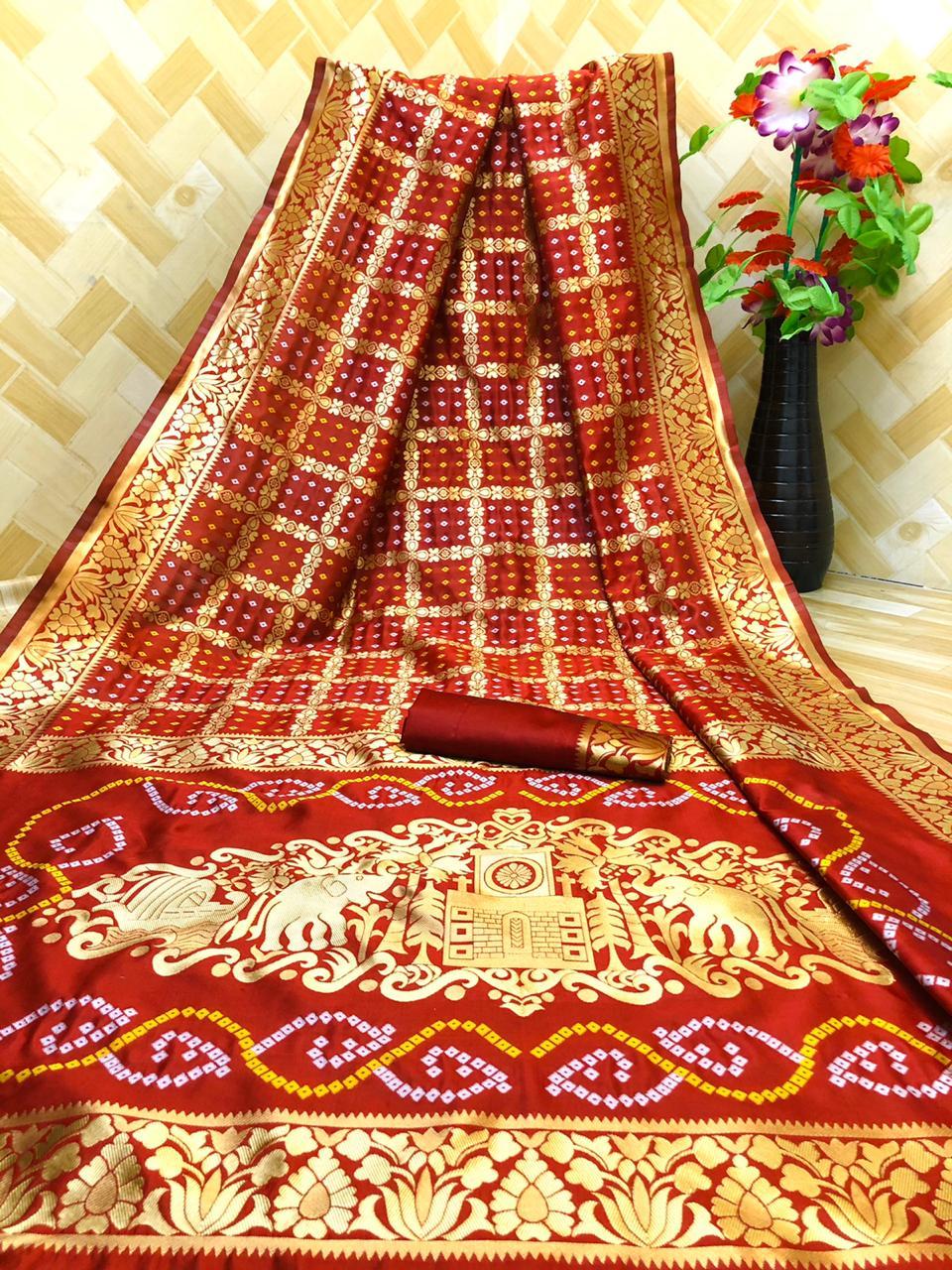 Pure Soft Litchi Banarasi Silk Bandhani Saree - 5.5 Meter With Antique Gold Zari & Rich Pallu | Breathable, Washable, Unstitched Blouse With Beautiful Weaving Work