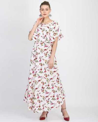 Indian Ladies White Color Sleeveless Floral Dress