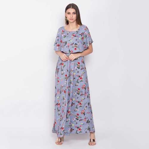 Indian Ladies Grey Color Short Sleeve Floral Dress