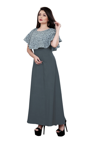 Indian Ladies Grey Color Short Sleeve Floral Dress