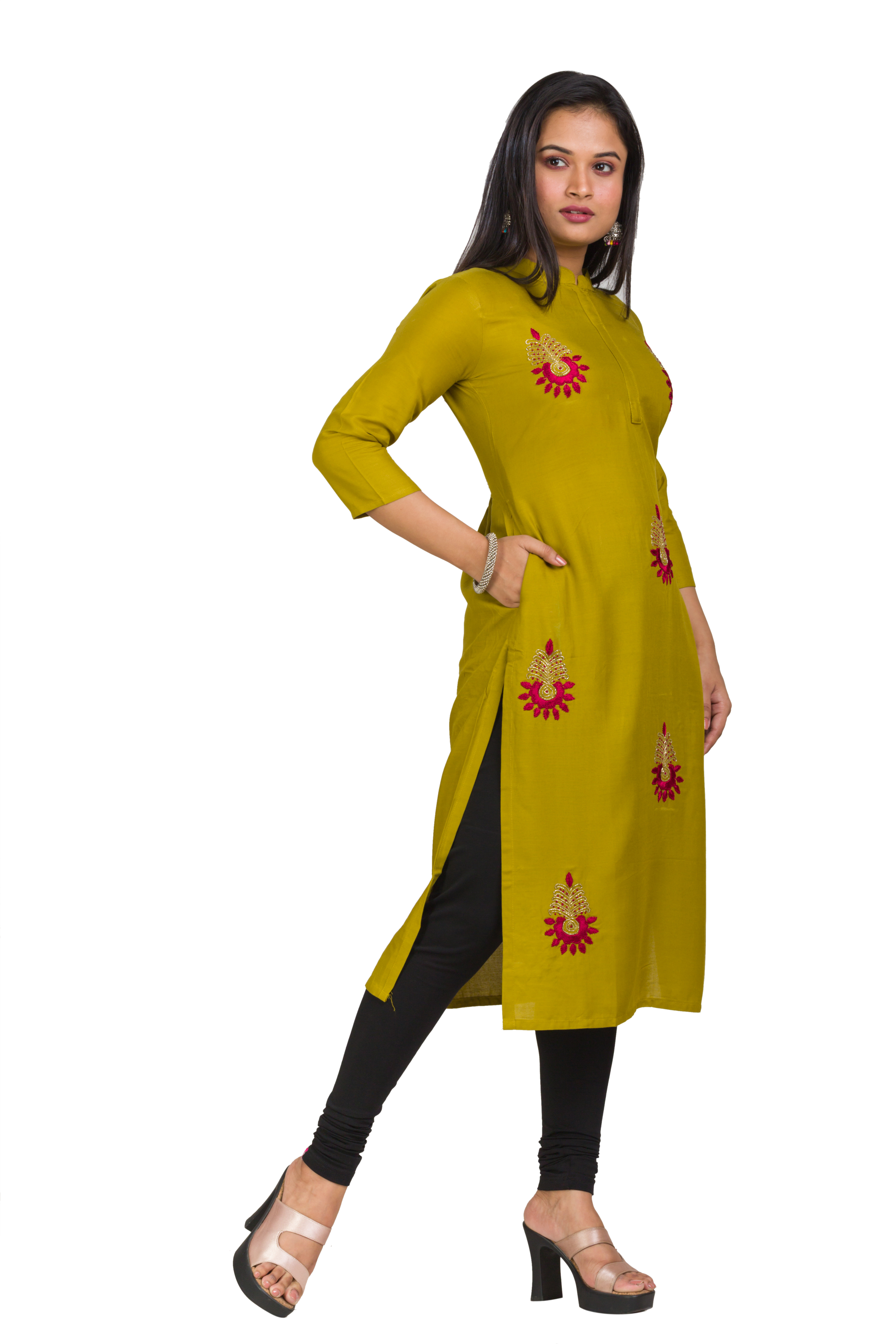 Cut Dana Hand Embroidery - Cotton Rayon Kurti Olive Green Breathable For All Seasons Custom Sizes Available