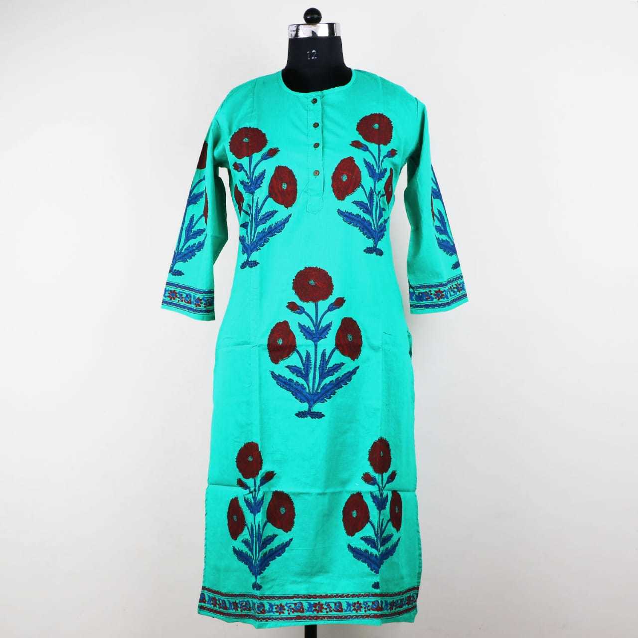 Hand Block Printed Cotton Kurties - Custom Sizes, 38 Inch Length | Features: Anti Uv, Quick Dry, Breathable, Cool Dry, Plus Size, Non Toxic