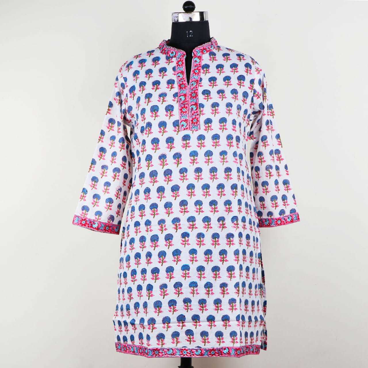 Hand Block Printed Cotton Kurties - Custom Sizes, 38 Inch Length | Features: Anti Uv, Quick Dry, Breathable, Cool Dry, Plus Size, Non Toxic