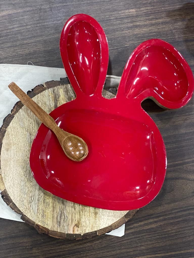Bunny Shaped Platter - Mango Wood 12 Inches Natural Brown With Red Epoxy Resin | Food-safe Durable Gloss Finish Includes Wooden Spoon