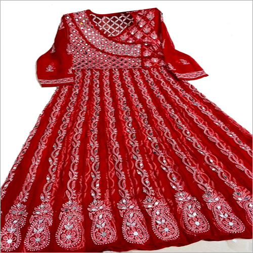 रेनी जॉर्जेट रेड अनारकली कुर्ती सेट