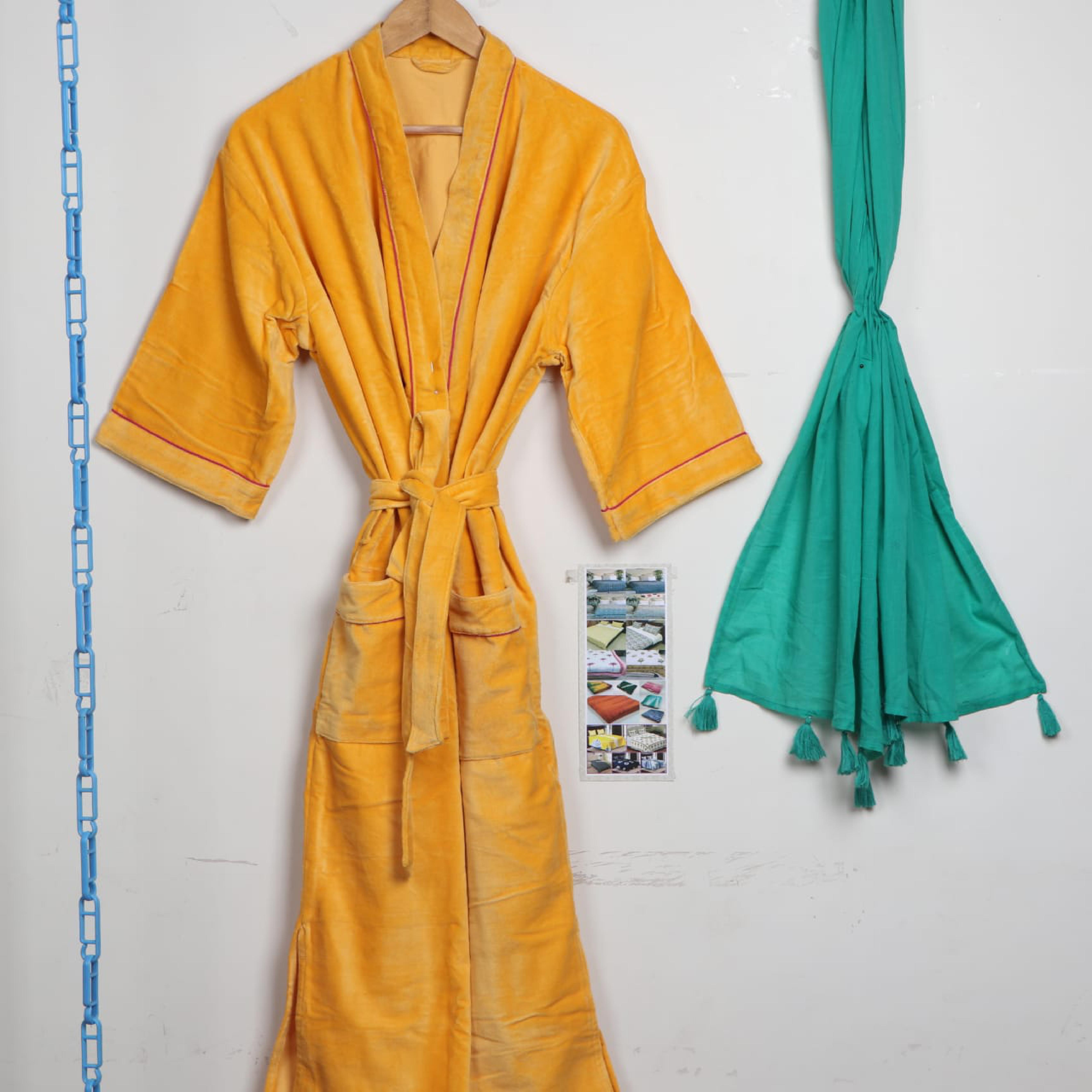 Velvet Bathrobe - Pure Cotton Customized Size | Hand Block Printed Multicolor Design Full Sleeves Ideal For Rainy Spring And Winter Seasons