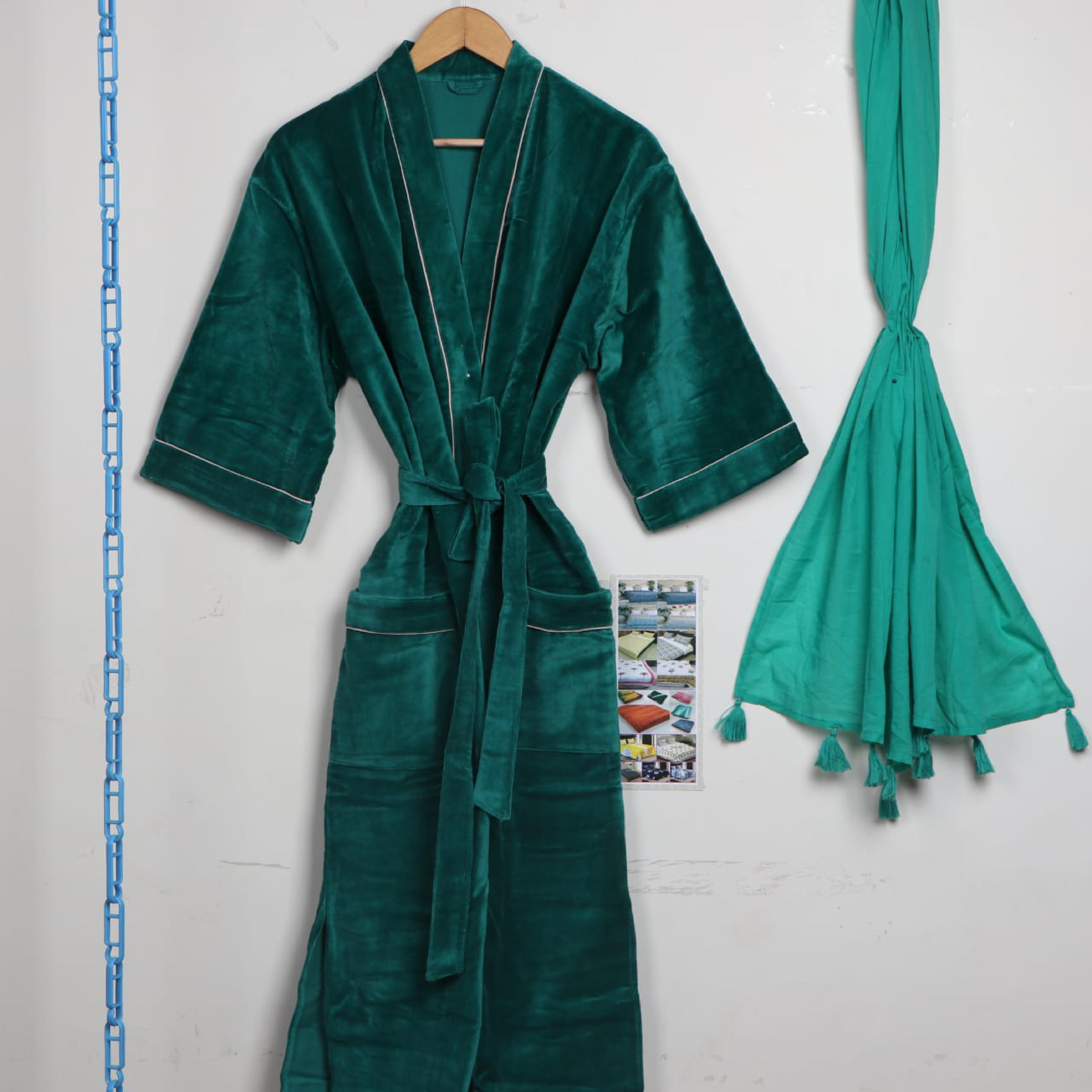 Velvet Bathrobe - Pure Cotton Customized Size | Hand Block Printed Multicolor Design Full Sleeves Ideal For Rainy Spring And Winter Seasons
