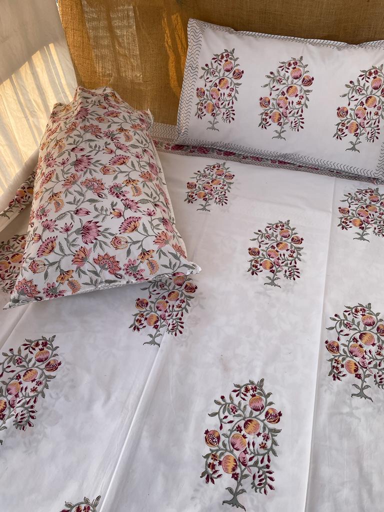Washable Blue Floral Block Printed Bedsheet