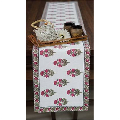 182 cm Table Runner - Floral Cotton Design, White and Pink Rectangular Shape | Machine Washable, Do Not Bleach, Block Printed Style