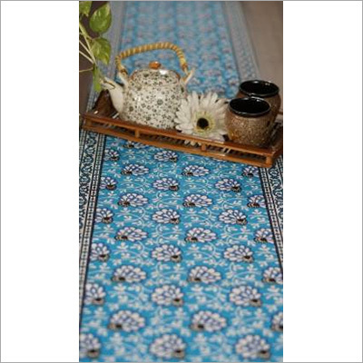 182 cm Blue Floral Block Printed Table Runner - Cotton Material, Rectangle Shape, Machine Washable, Care Instruction: Do Not Bleach