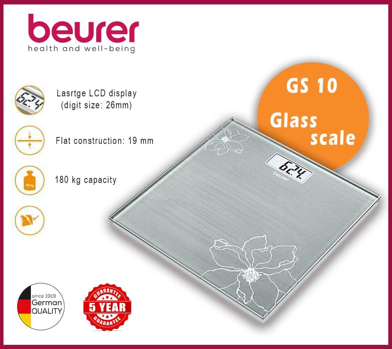 Weighing Scale Beurer Gs-10 Glass Bathroom Scale With Easy-to-read Lcd Display, Overload Indicator,180 Kg Capacity. Color Code: Grey