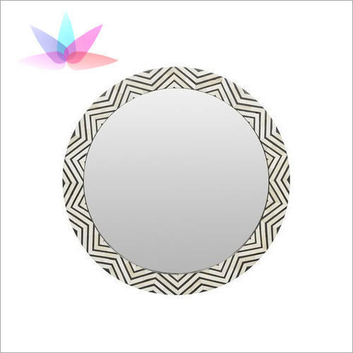 Wooden Round Mirror Frame - White and Black Wood with Bone Inlay Design | Antique Appearance for Indoor Use