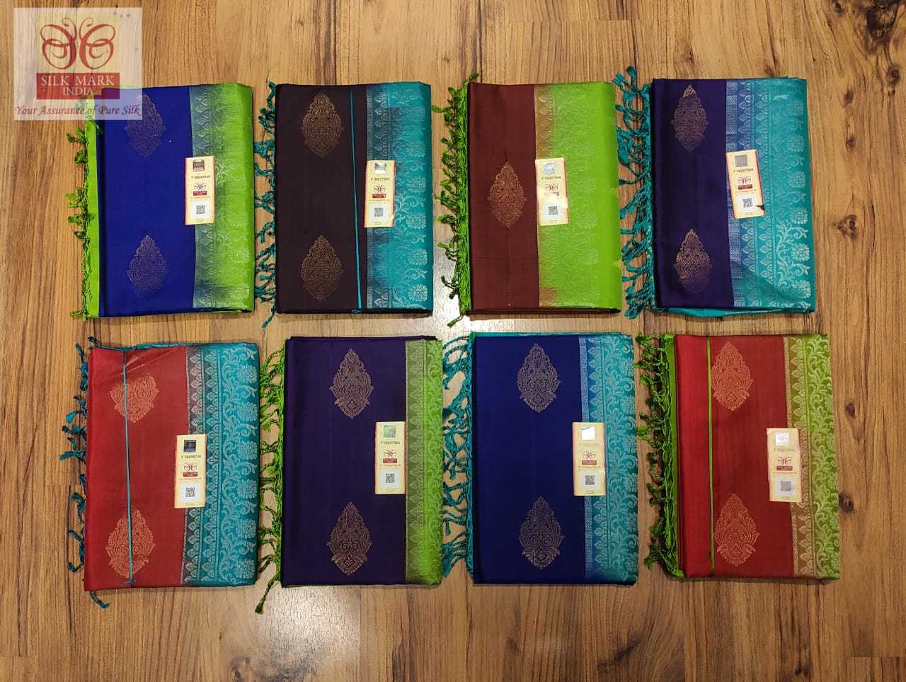 Kanjivaram Soft Silk Saree - Light Weight Pure Silk, Blue With Green Contrast Pallu & Blouse, Fancy Zari Work, Silk Mark Certified