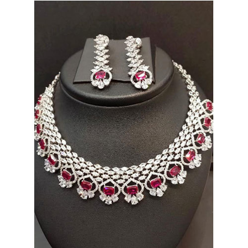 Imitation Necklace Set - Alloy & Cubic Zirconia, 16-inch Necklace & 2-inch Earrings | Elegant Design, Rhodium Plated, Eye-Catching Accessory in Gift Box
