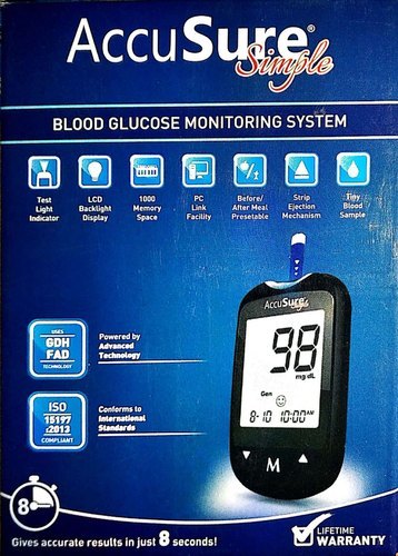 Accusure Simple Blood Glucometer Machine With 50 Strips Color Code: Black