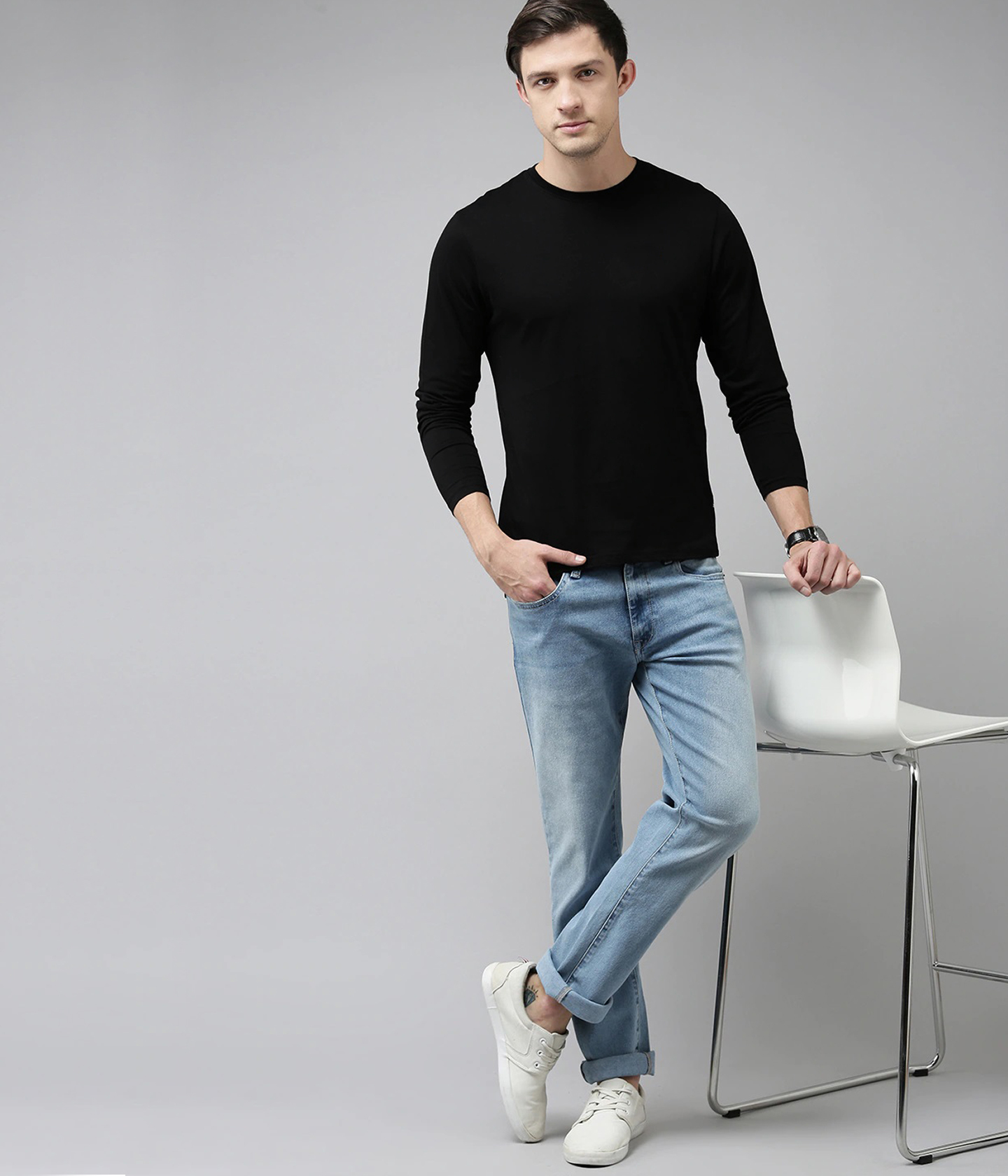 Semantic Full Sleeve Black Cotton T-shirt - 100% Ring-spun Cotton Bio Wash, Sizes S-xxl | Round Neck Rib, Straight Fit, Suitable For All Seasons