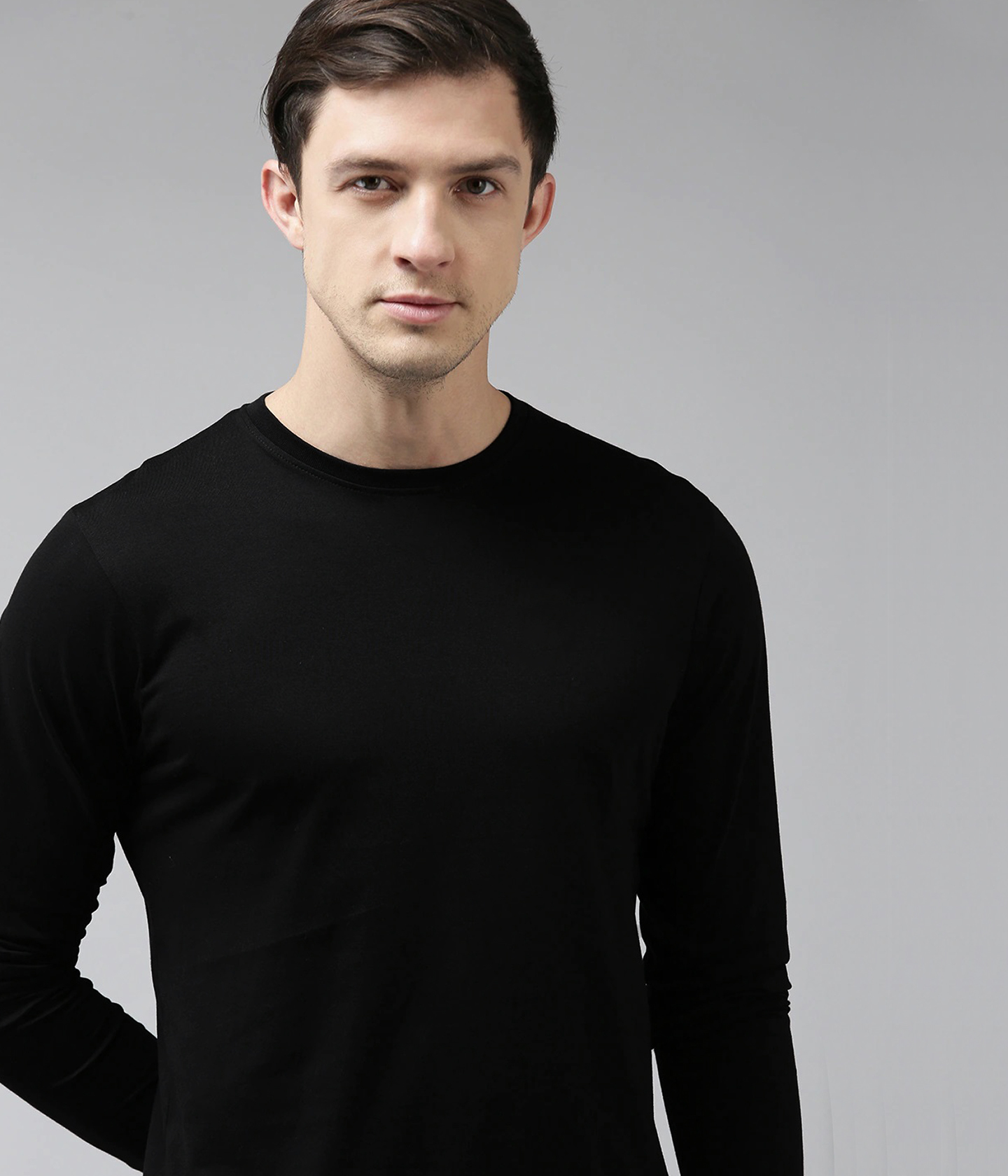 Semantic Full Sleeve Black Cotton T-shirt - 100% Ring-spun Cotton Bio Wash, Sizes S-xxl | Round Neck Rib, Straight Fit, Suitable For All Seasons