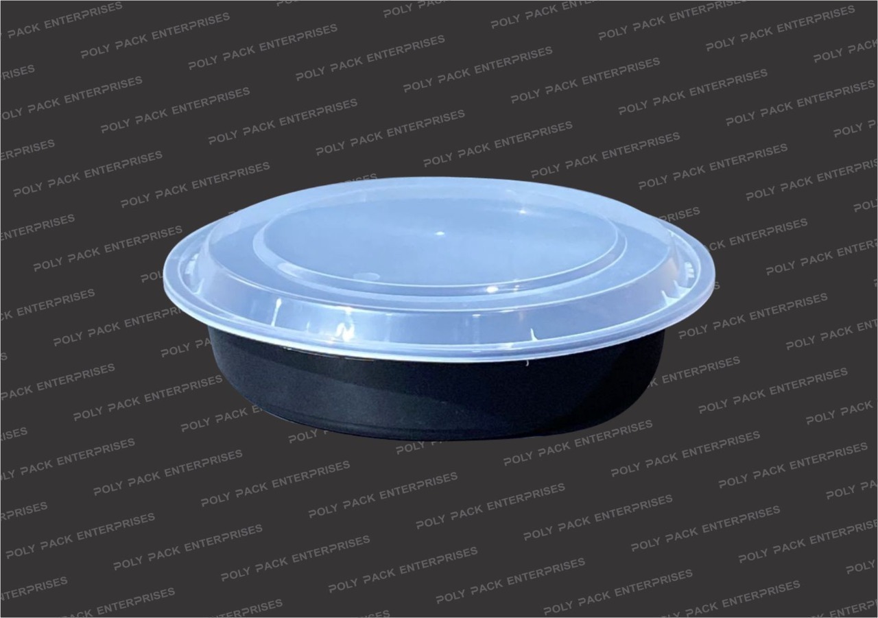 Dome Lid Container Round - Rigid, 950/1200 Ml, Black | Liquid Safe, Plastic Disposable Design
