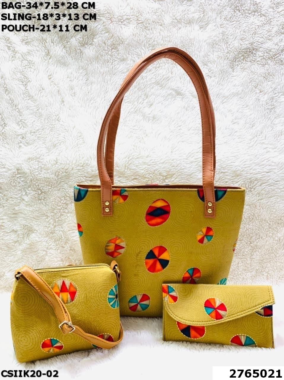 Designer Ikkat Combo Set - Cotton Fabric, Bag: 34*7.5*28cm, Sling: 18*3*13cm, Pouch: 21*11cm | Multi-color, Printed Design, Zipper Closure, Ideal For Women