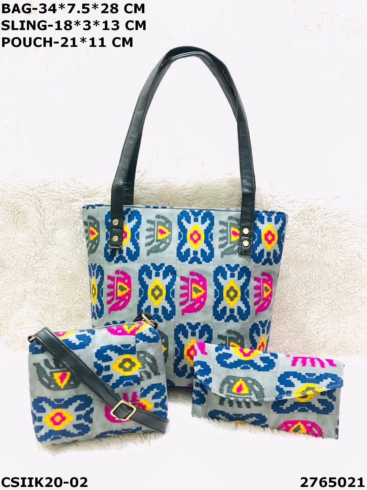 Designer Ikkat Combo Set - Cotton Fabric, Bag: 34*7.5*28cm, Sling: 18*3*13cm, Pouch: 21*11cm | Multi-color, Printed Design, Zipper Closure, Ideal For Women