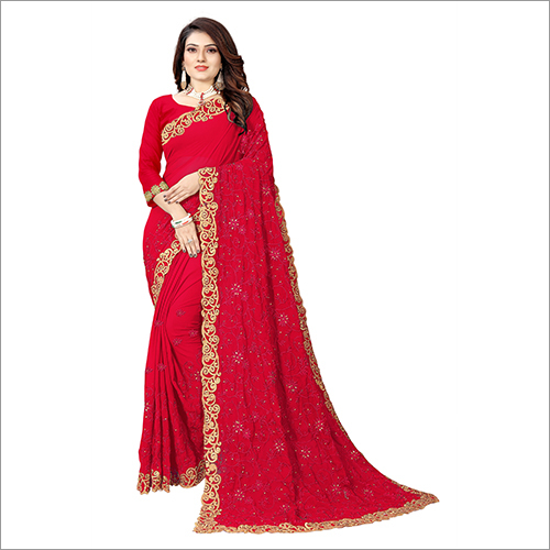 कैज़ुअल लेडीज़ रेड जॉर्जेट साड़ी