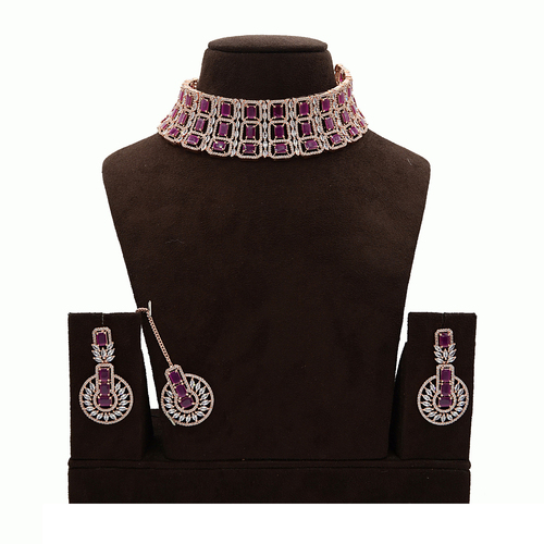 American Diamond Necklace With Maang Tikka Purple Stone