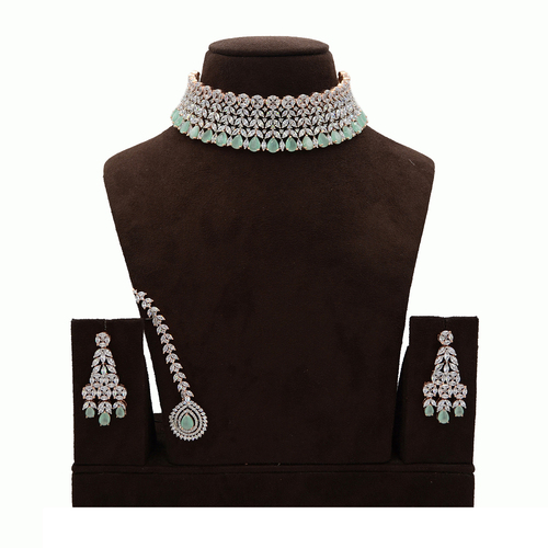 American Diamond Necklace With Maang Tikka blue Stone