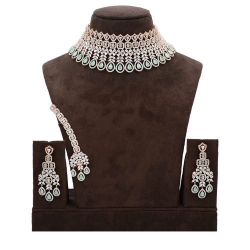 American Diamond Necklace With Maang Tikka blue Stone