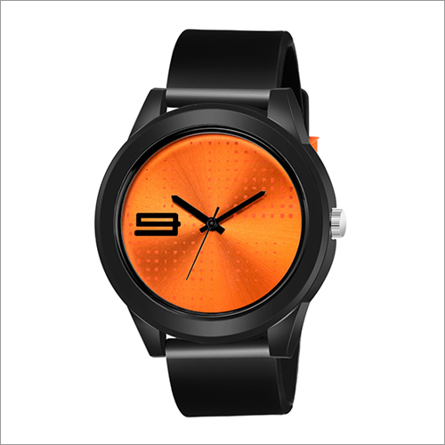 Mens Rubber Strap Analog Wrist Watch - Rubber Material, Round Shape, Black and Orange Color | Versatile Design for Everyday Wear
