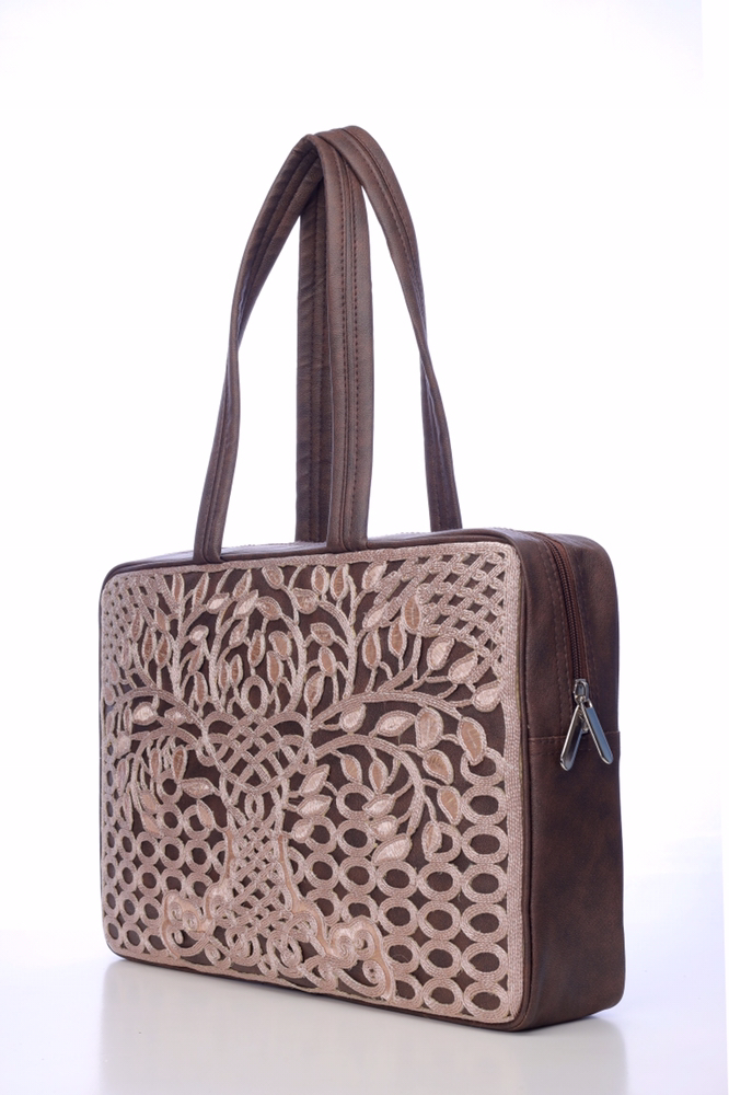 Embroidery Worked - Cotton Fabric, Rose Gold And Black Color, Leather Handle, Women's Design With Intricate Coding Work