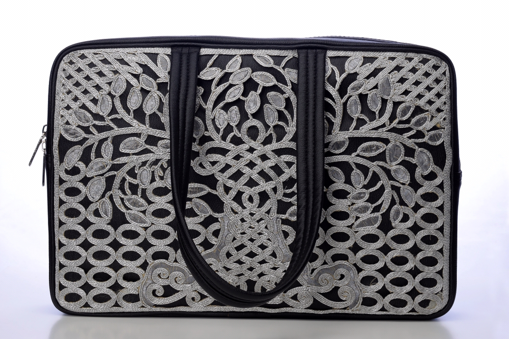 Embroidery Worked - Cotton Fabric, Rose Gold And Black Color, Leather Handle, Women's Design With Intricate Coding Work