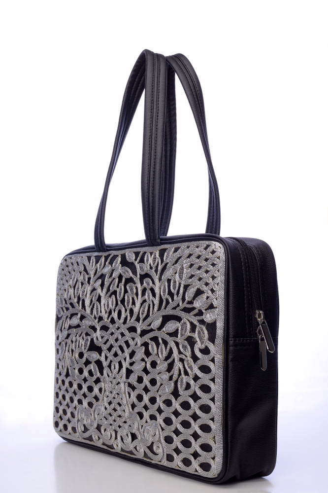 Embroidery Worked - Cotton Fabric, Rose Gold And Black Color, Leather Handle, Women's Design With Intricate Coding Work