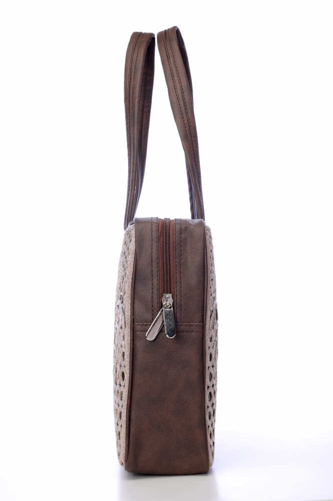 Embroidery Worked - Cotton Fabric, Rose Gold And Black Color, Leather Handle, Women's Design With Intricate Coding Work