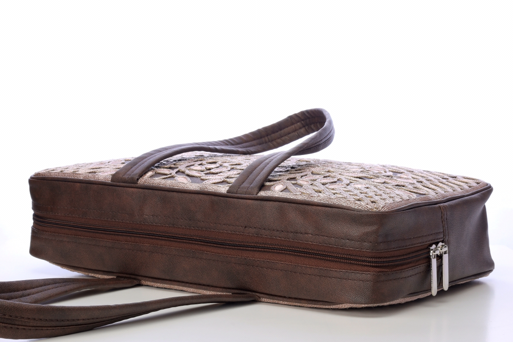 Embroidery Worked - Cotton Fabric, Rose Gold And Black Color, Leather Handle, Women's Design With Intricate Coding Work