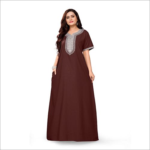 Short Sleeves Brown Cotton Long Nighty