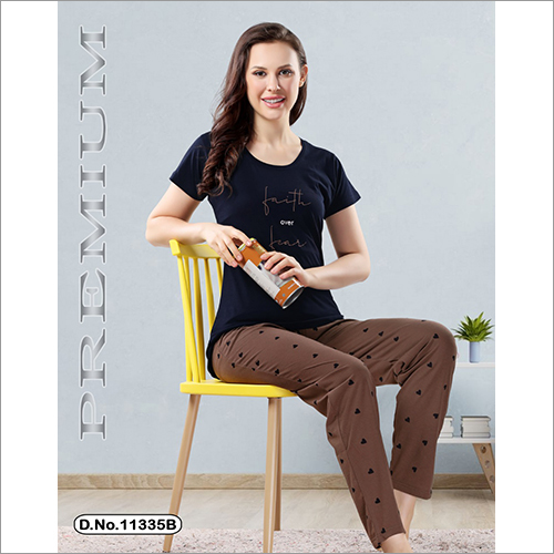 Printed Round Neck Hosiery Night Suit