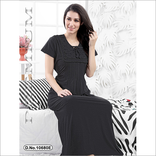 Winter Plain Black Half Sleeve Hosiery Nighty