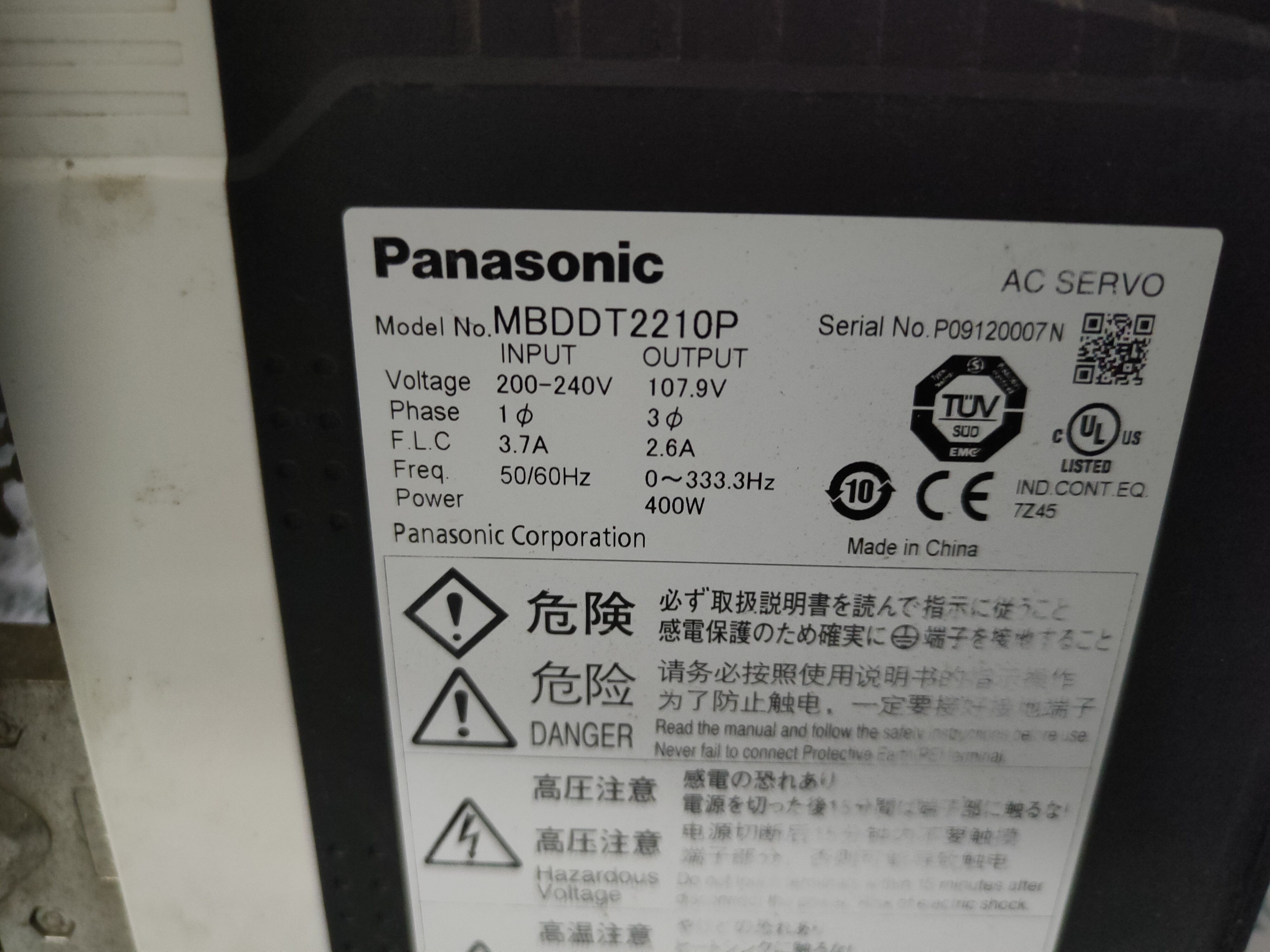 Panasonic Ac Servo Drive Mbddt2210p