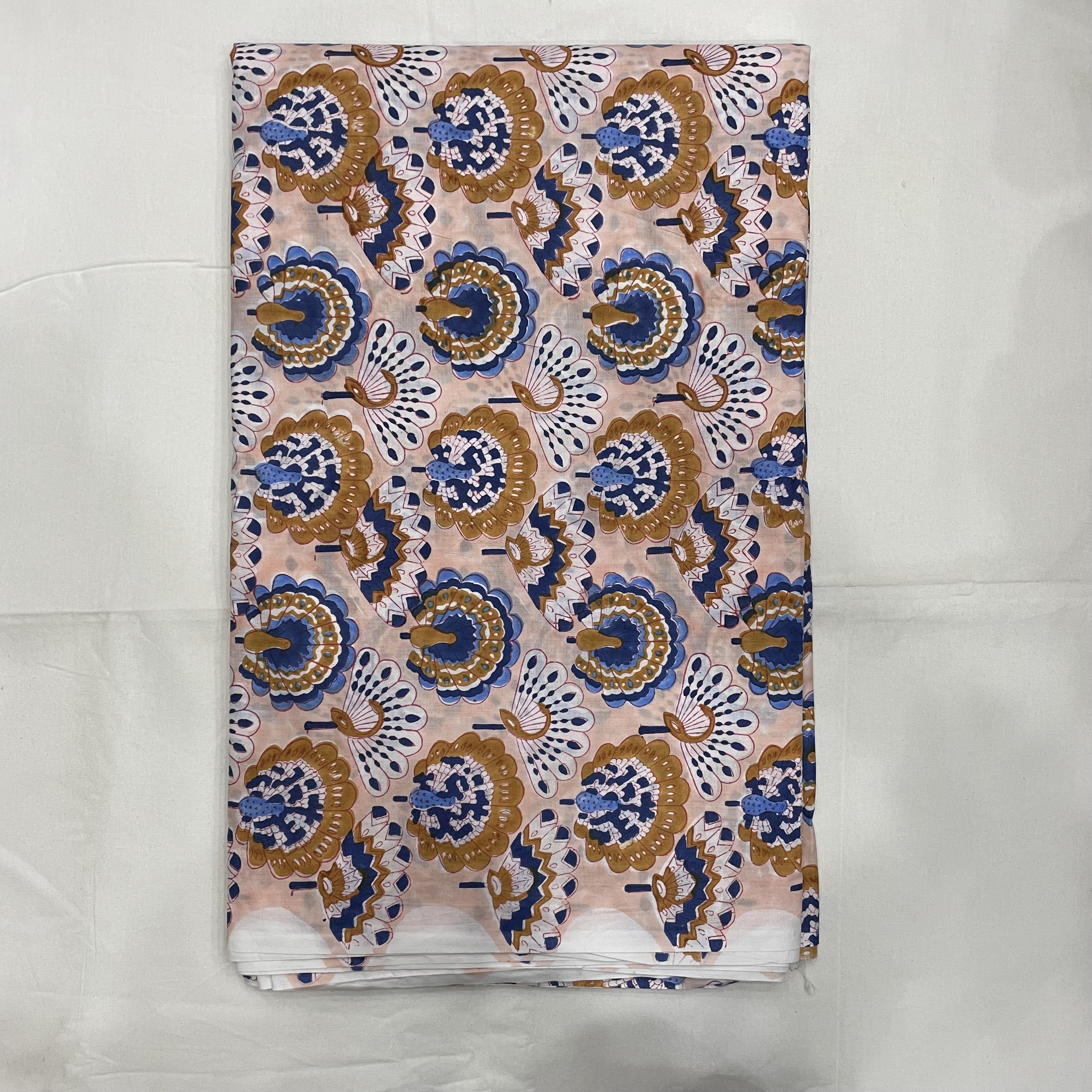 Peacock Hand Block Printed Cotton Fabric - 100% Cotton, 44 Inch Width, Multicoloured Peacock Print | Ideal For Dresses, Quilts, Cushions