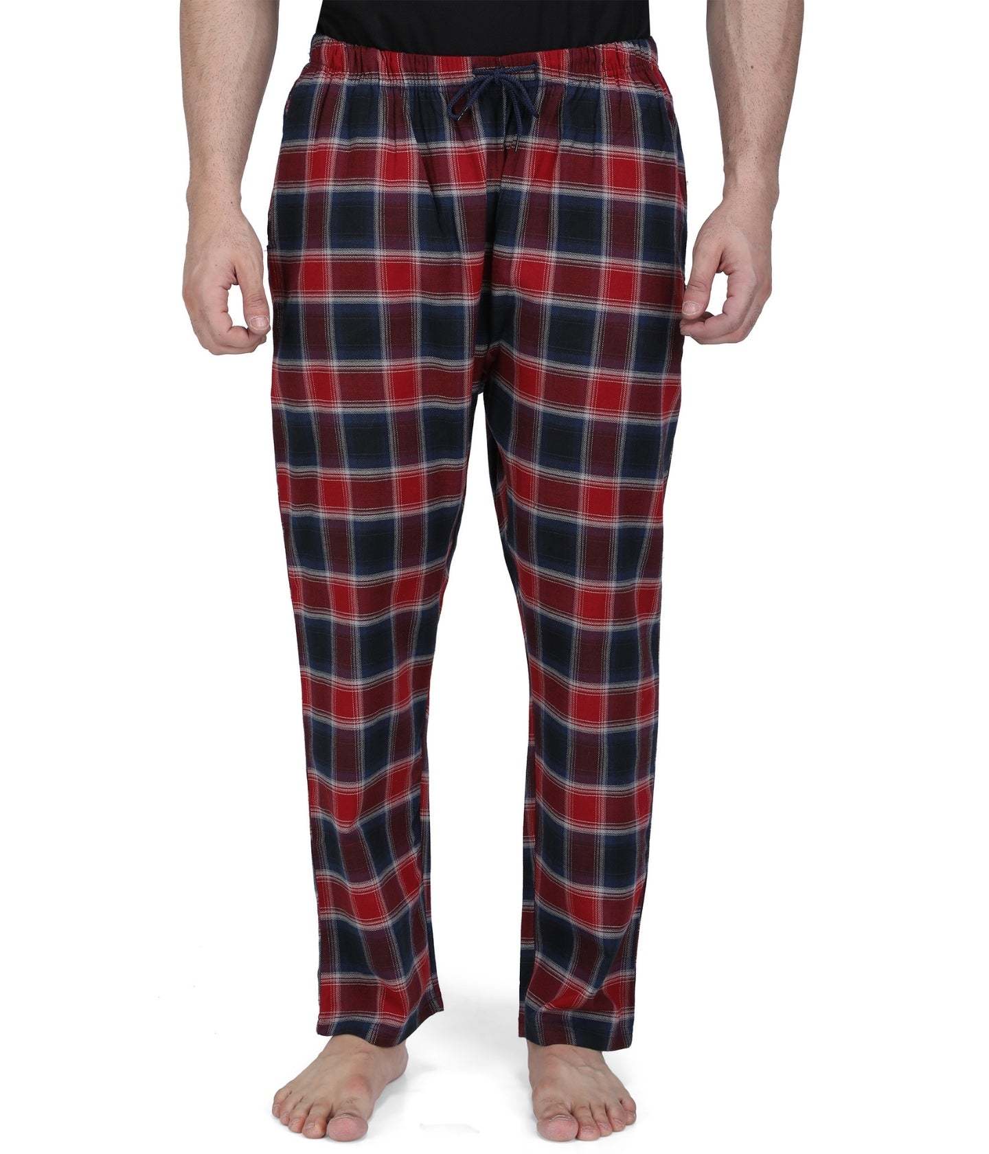 Semantic Mens Pyjamas - 100% Pure Cotton, Regular Fit Red-black Checks , Soft Elastic Waistband With Drawstring And Two Side Pockets