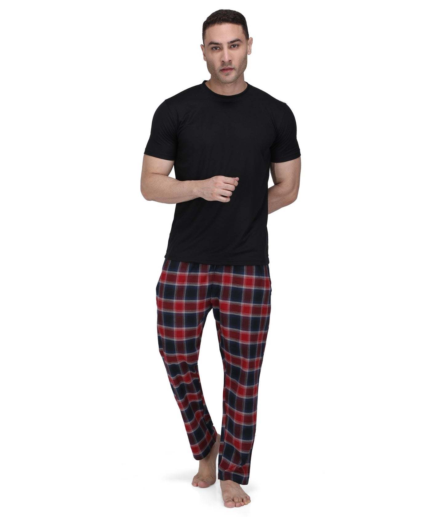 Semantic Mens Pyjamas - 100% Pure Cotton, Regular Fit Red-black Checks , Soft Elastic Waistband With Drawstring And Two Side Pockets