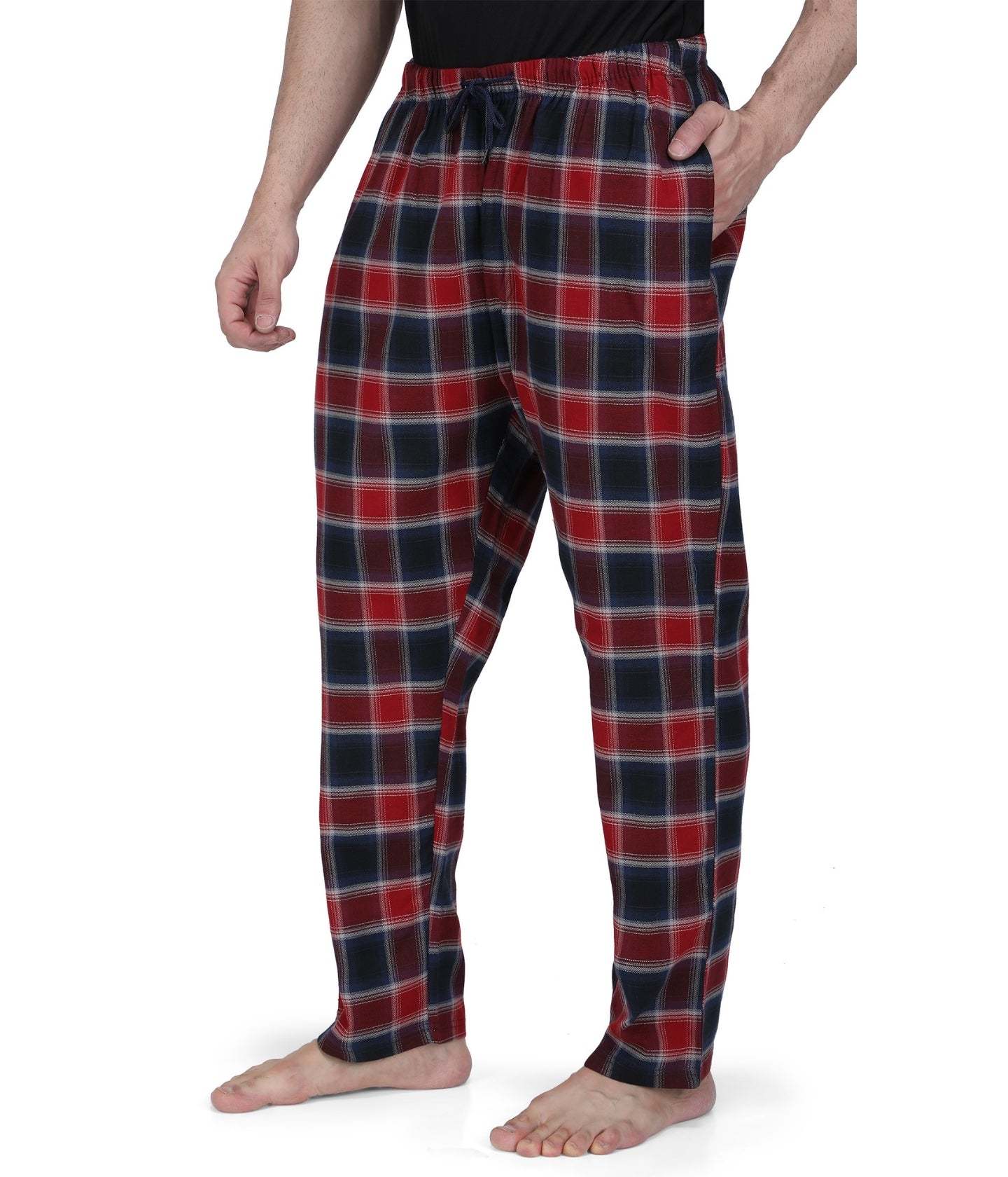 Semantic Mens Pyjamas - 100% Pure Cotton, Regular Fit Red-black Checks , Soft Elastic Waistband With Drawstring And Two Side Pockets