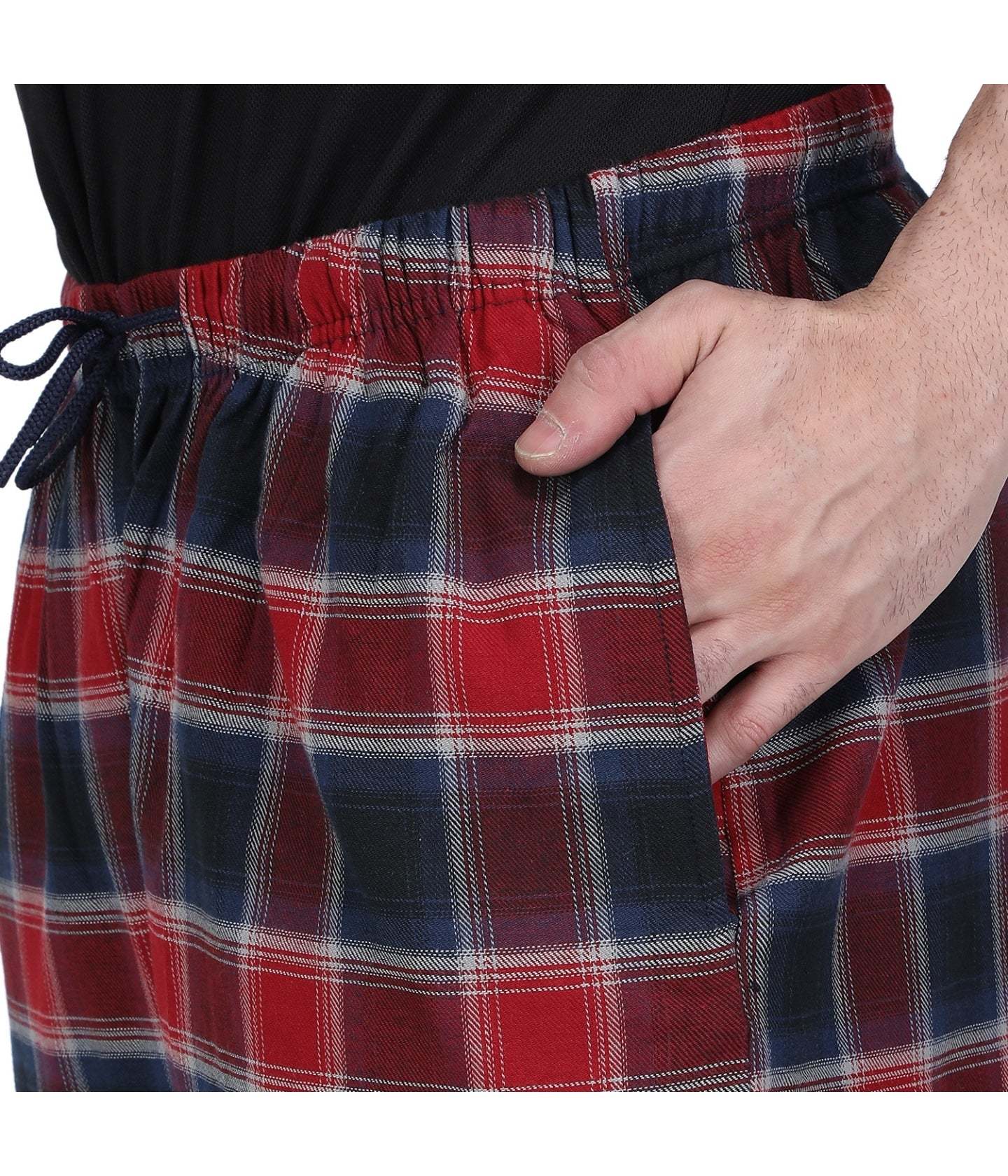 Semantic Mens Pyjamas - 100% Pure Cotton, Regular Fit Red-black Checks , Soft Elastic Waistband With Drawstring And Two Side Pockets