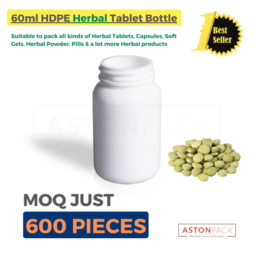 हर्बल टैबलेट पैक करने के लिए सफ़ेद प्लास्टिक की बोतल - 60ml
