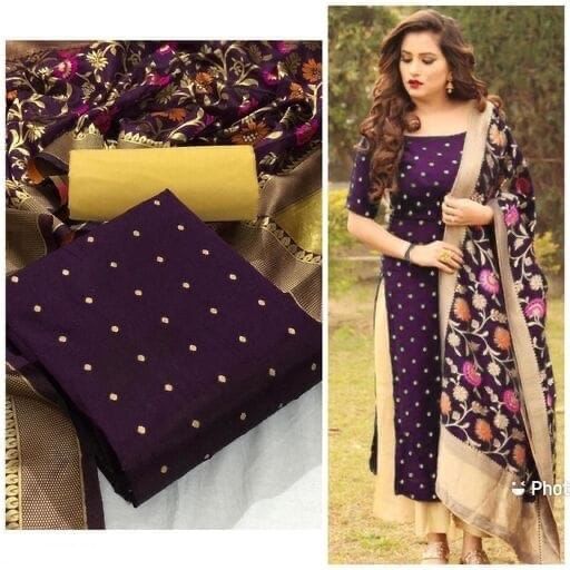 Tapatta Silk Dress Material - Tapatta Silk Top, Cotton Bottom, Jacquard Meenakari Dupatta | Breathable, Washable, Customizable Logo, Printed Pattern, All Season, Short Sleeves