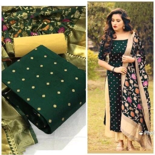 Tapatta Silk Dress Material - Tapatta Silk Top, Cotton Bottom, Jacquard Meenakari Dupatta | Breathable, Washable, Customizable Logo, Printed Pattern, All Season, Short Sleeves