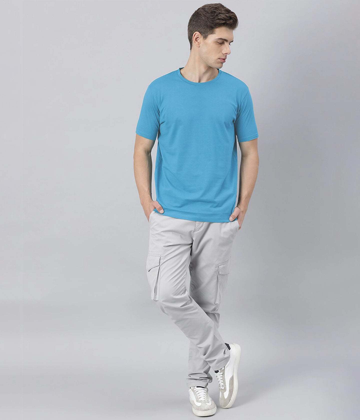 Semantic Half Sleeve Cotton Light Blue T-shirt - Solid - Age Group: 18 Above
